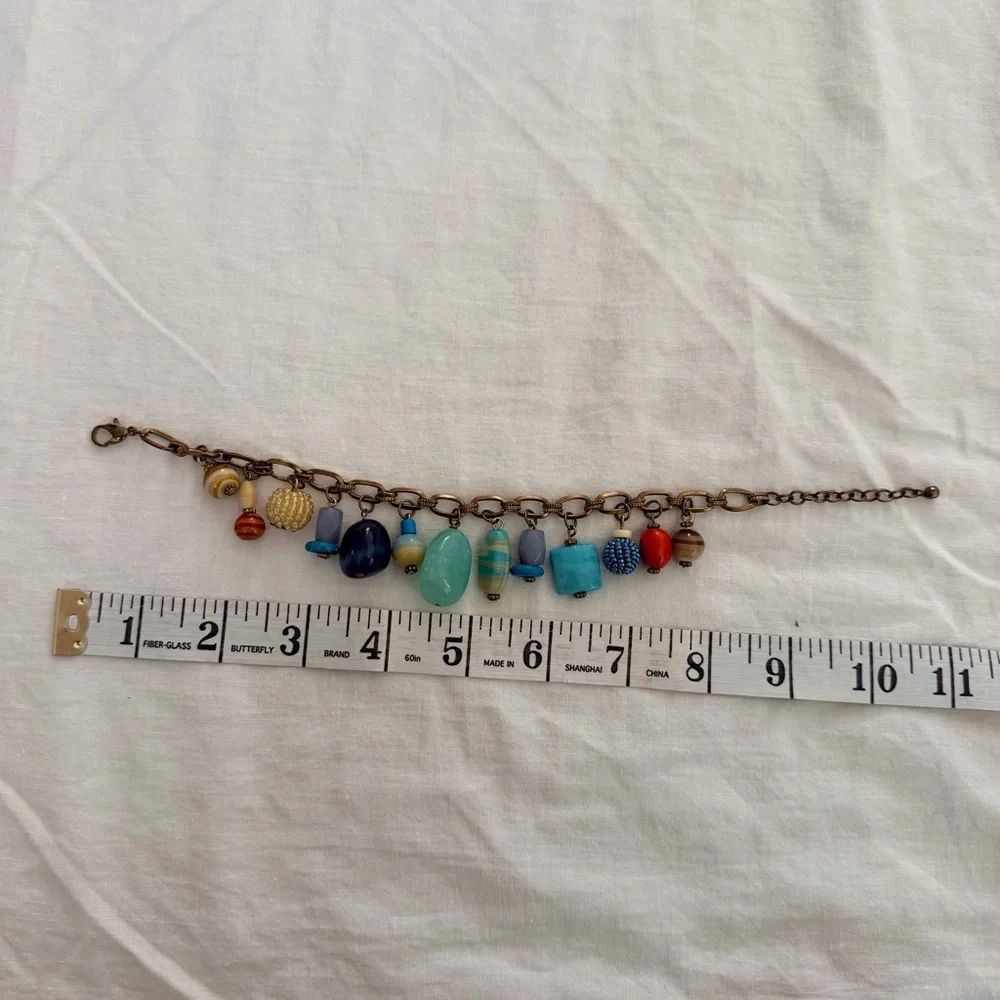 Boho Charm Bracelet Mixed Beads Antiqued Brass Chain Adjustable